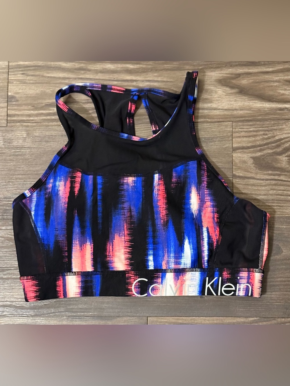 Calvin Klein Black Sports Bra with Blue and Pink Brushstroke Print